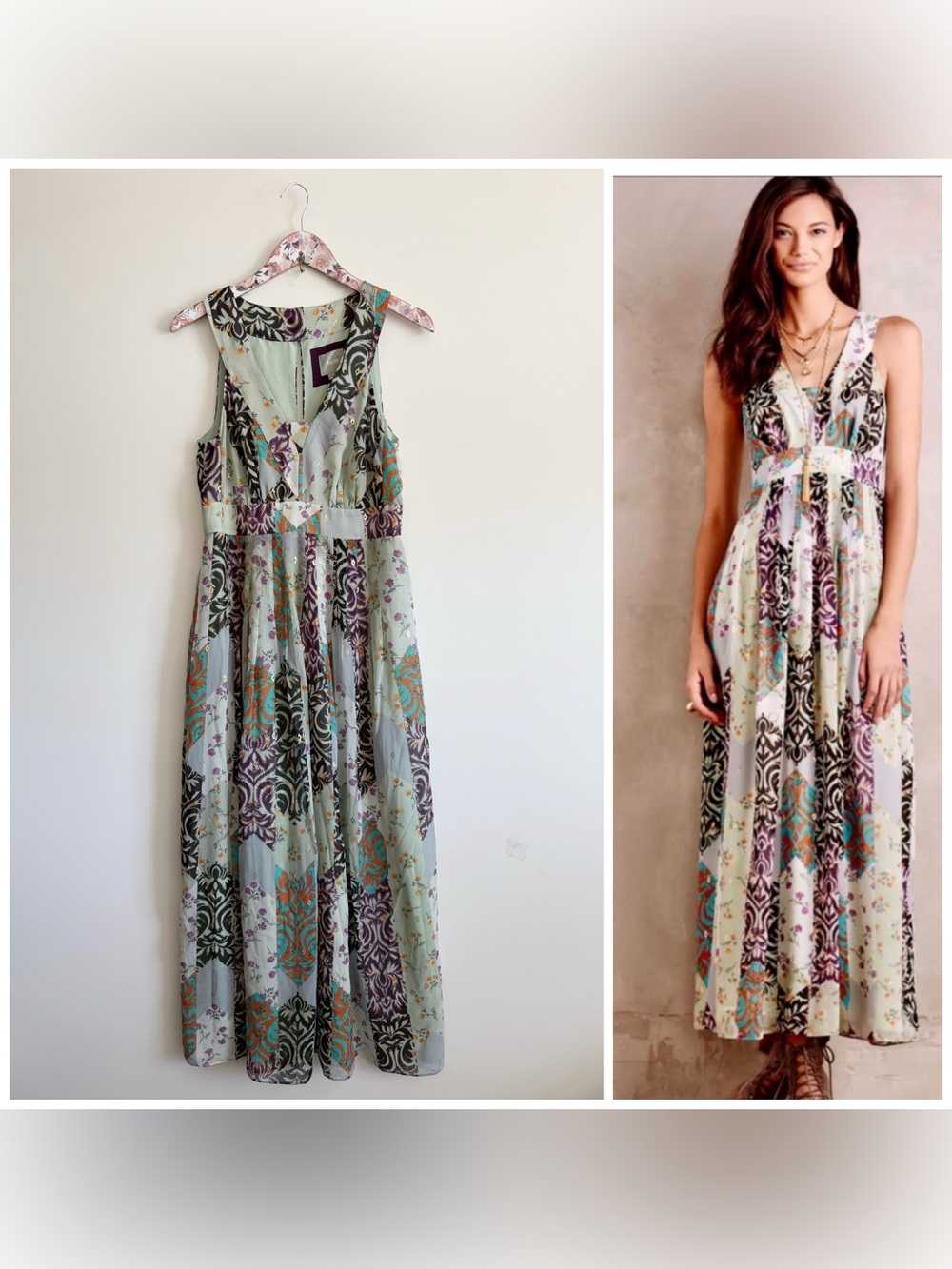 Anthropologie MAEVE Verity Maxi Dress Size 10 Green Purple Sleeveless V-Neck